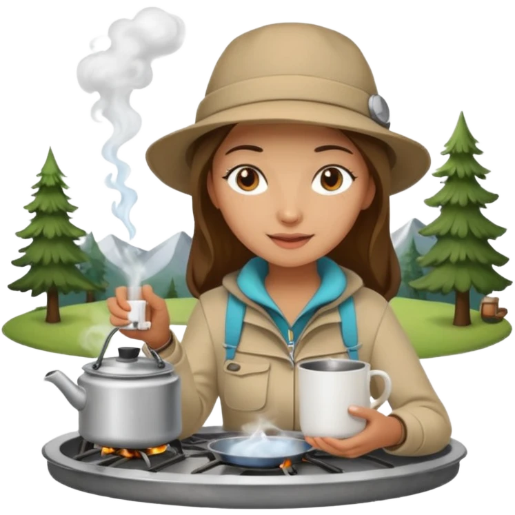 A woman camper boiling water on a portable stove, enjoying the outdoor emoji