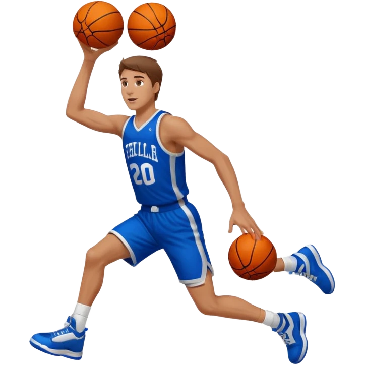 A white man with brown hair with a basketball, doing a layup emoji