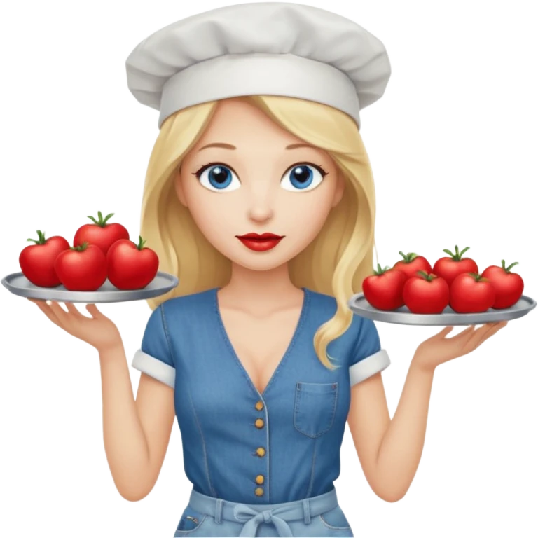 Beautiful, sexy,  long blonde hair, blue eyed, full red lips plunging v neck shirt, denim shorts, chef hat  emoji