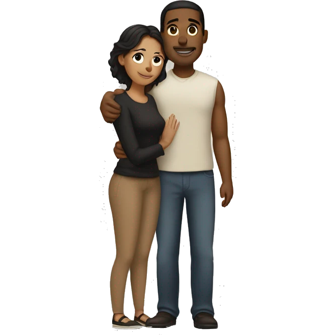 Couple embrace. Brown man with black hair and white woman with brown hair emoji