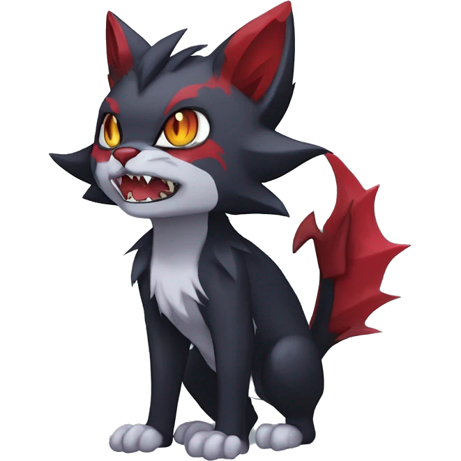   cool edgy fantasy anime-style dark animal vampiric Litten-Zoroark-Nargacuga-cat-hybrid Fakemon with big fangs and bat-ears full body emoji