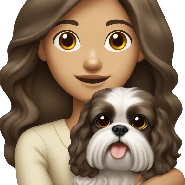Young dark brunette medium kin hair woman with a cream shih tzu in her arms long wavy hair emoji