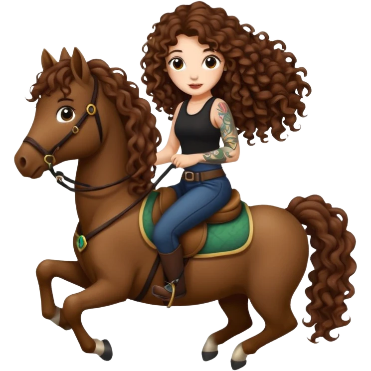 cute woman long curly brown hair tattoos riding forest pony emoji