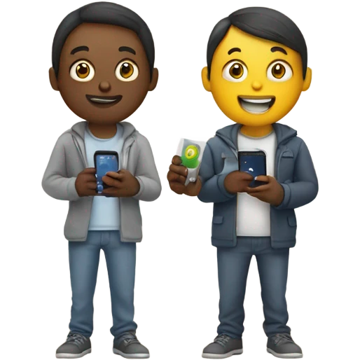 two friends with smartphone showing charts emoji