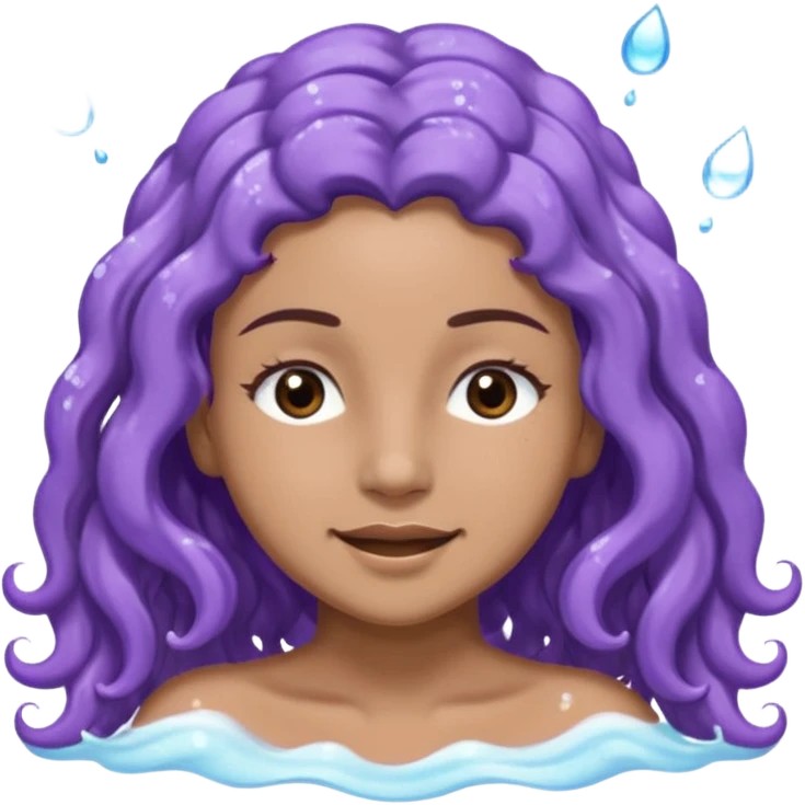Sticker 3D joven de piel morena clara, ojos marrón oscuro y pestañas largas. Cabello castaño ondulado extralargo hasta la mitad de los glúteos. Viste DE lavanda. con abundante espuma  sobre su cabeza y manos en el pelo, ojos cerrados, expresión feliz. Render con destellos de agua. emoji