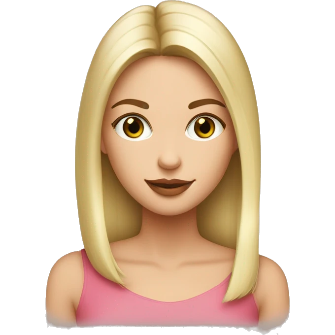 emoji, femme, au cheveux long blond lisse, au teint bronzé, rouge à lèvre rose, yeux vert claire, pull blanc col v, long cils et blush  emoji