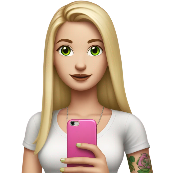 Realistic White girl with Long straight blonde hair, green eyes, tattoos, full body wearing white crop top, holding pink phone emoji