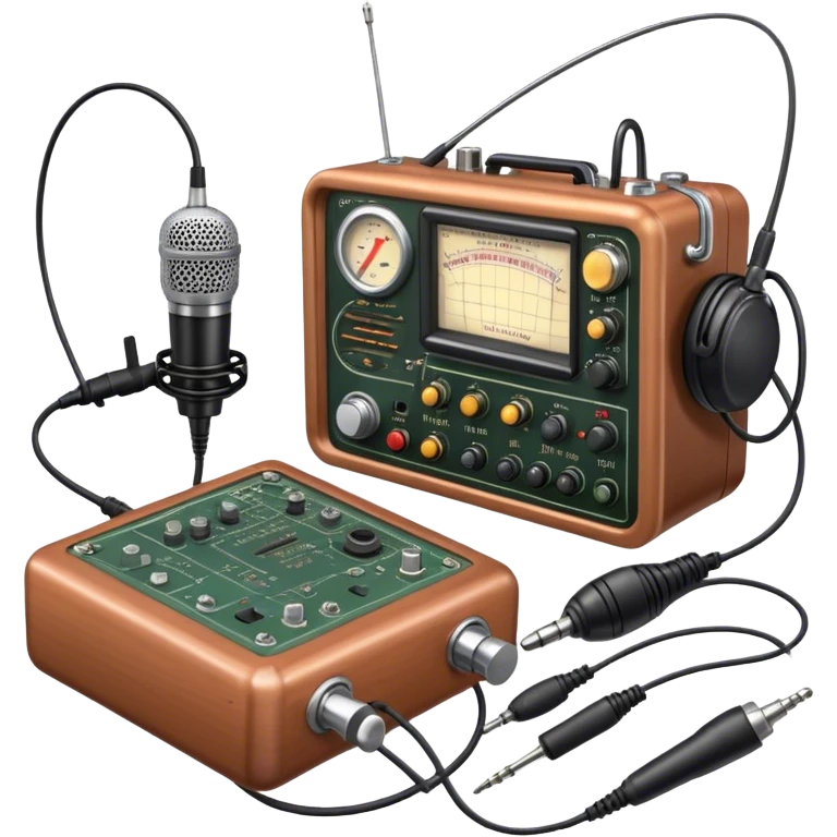 A photorealistic icon featuring a ham radio transceiver, headphones, microphone, antenna, and radio equipment like soldering tools and cables. The design includes detailed textures and realistic lighting, symbolizing the passion for amateur radio and communication. Transparent background. emoji