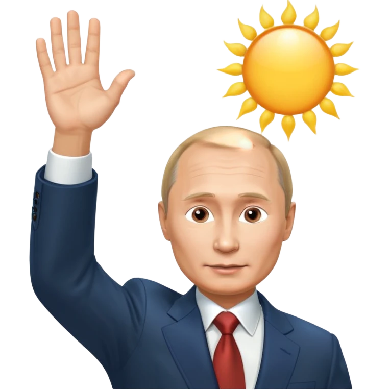 Putin stands with his right hand raised towards the sun emoji