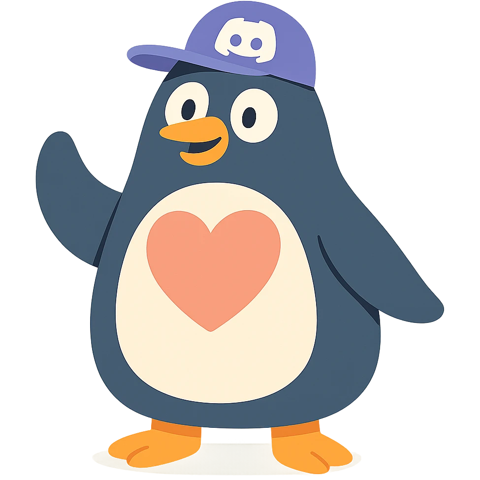 large penguin with a Discord hat and a large heart on chest emoji