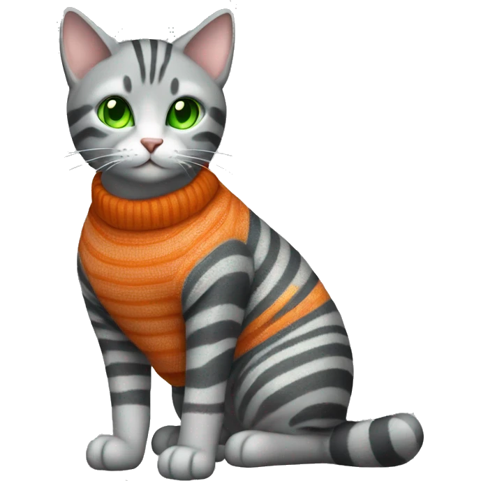 A striped grey cat with green eyes with orange sweater in full growth emoji