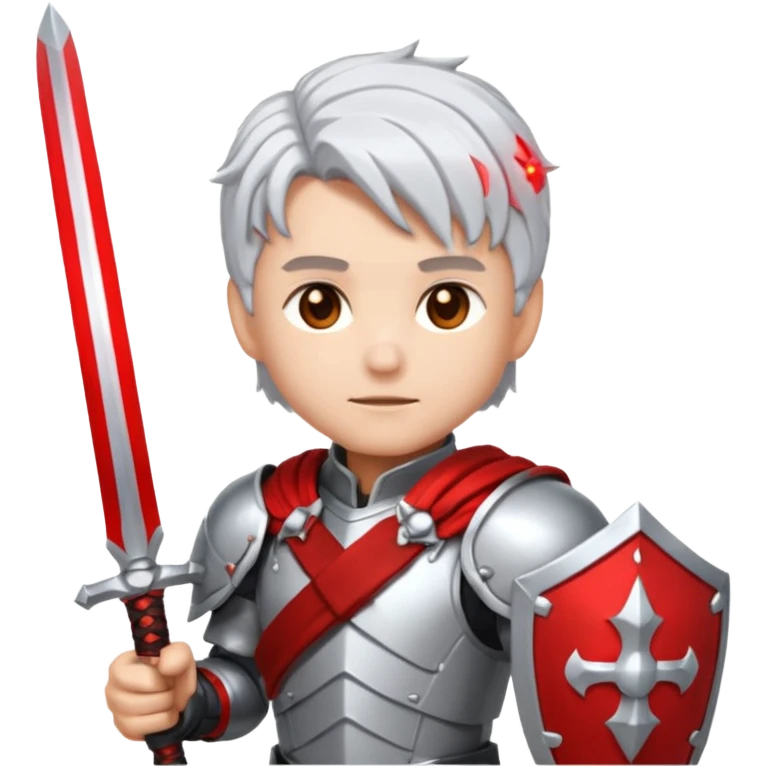 32x32 pixel art emoji, a white-haired boy holding dual swords, inspired by, heroic pose, silver-white hair, glowing red and silver swords, metallic armor details, vibrant colors, transparent background, high contrast, video game icon style. emoji