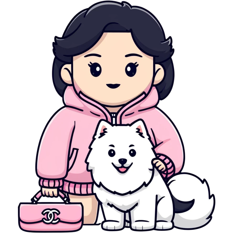 black-haired girl in pink Chanel style outfit with white Samoyed dog emoji