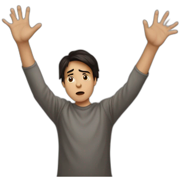 It was not me, dark hair I am innocent confused nervous little man raising palms up in surrender and staring emoji