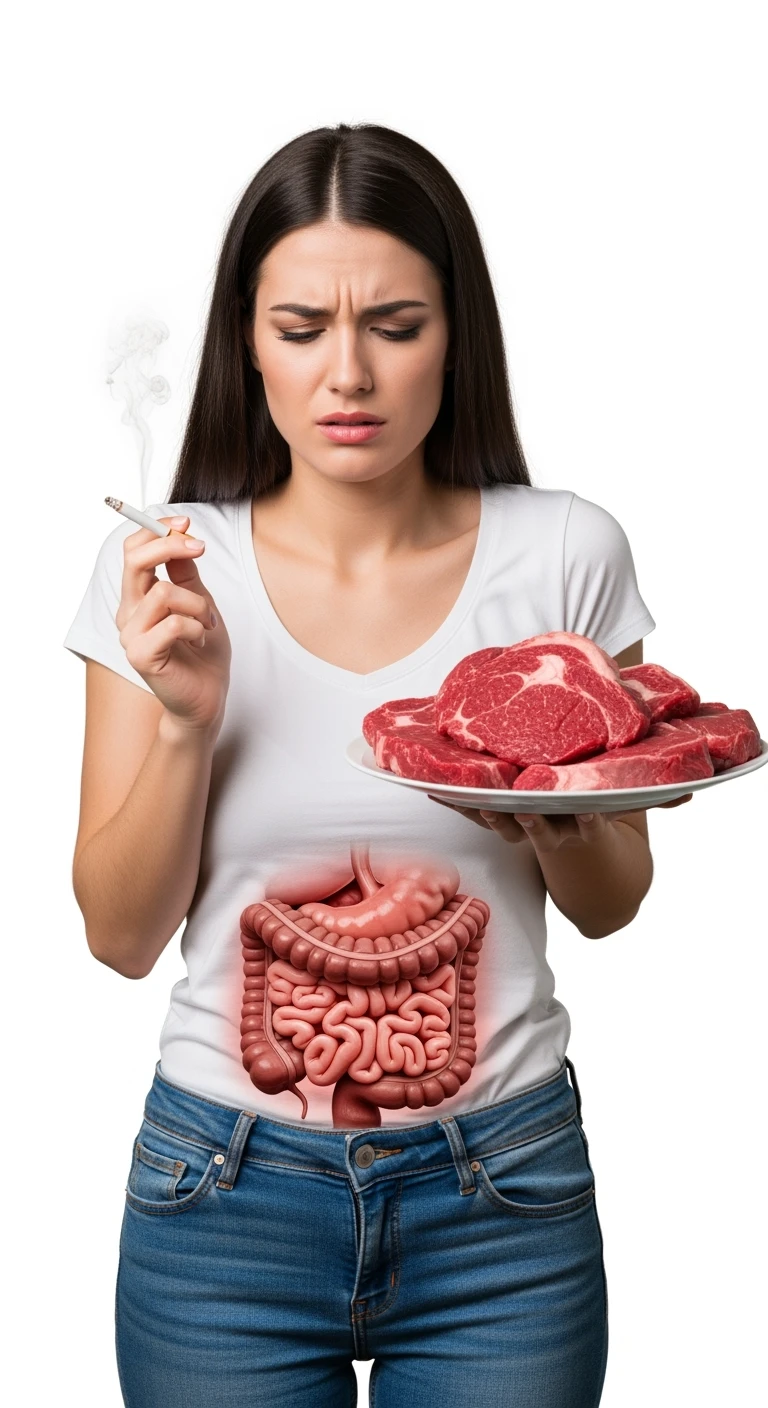 UNA DONNA REALISTICA CON UNA SIGARETTA IN MANO E UN PIATTO PIENO DI CARNE SIMMENTAL NELL'ALTRA MANO, INTESTINO ANATOMICO INFIAMMATO VISIBILE, MAL DI PANCIA, ISOLATA SU SFONDO BIANCO, IPERREALISTICA 4K emoji