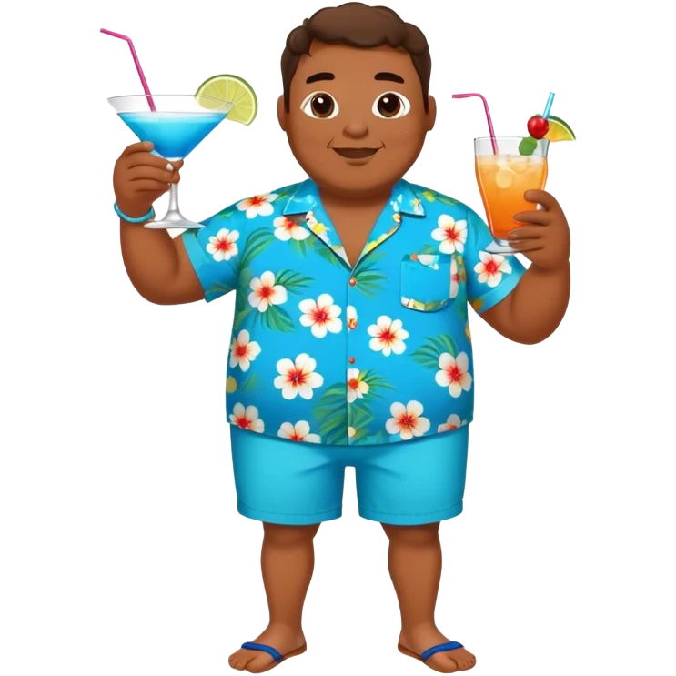 chubby guy full figure in a flowered azure havai shirt, brown shorts and flippers holding a cocktail emoji