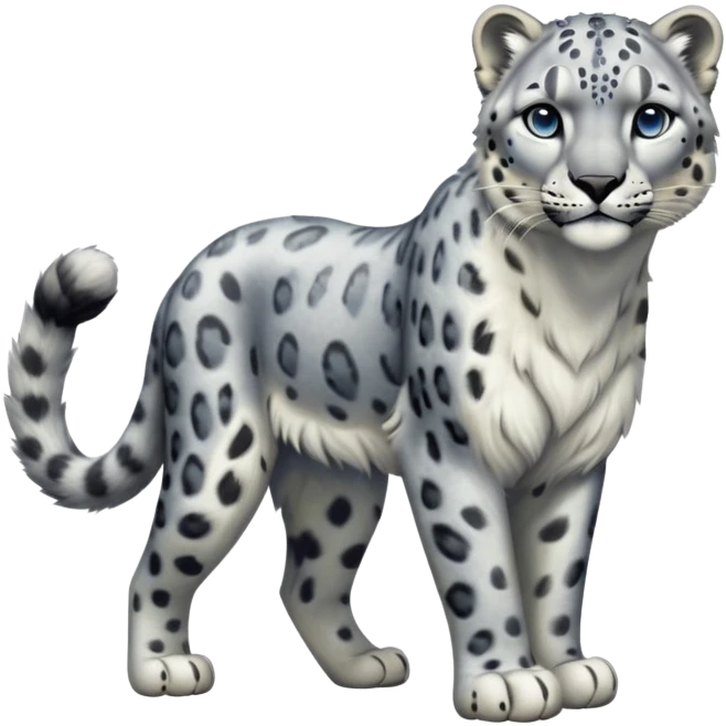 Cinematic-Snow-Leopard-Realistic-Full-Body-Standing-Emoji – Tail curled gracefully, head tilted dramatically, dense spotted fur shimmering in the cold mountain air, powerful yet elegant frame, simplified yet realistic focused features, highly detailed, glowing with an almost sarcastic glow. emoji