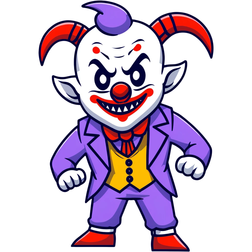 evil clown in a leisure suit with billy goat horns, fangs, pointed ears, standing in a fighting posture, battle-ready soldier emoji