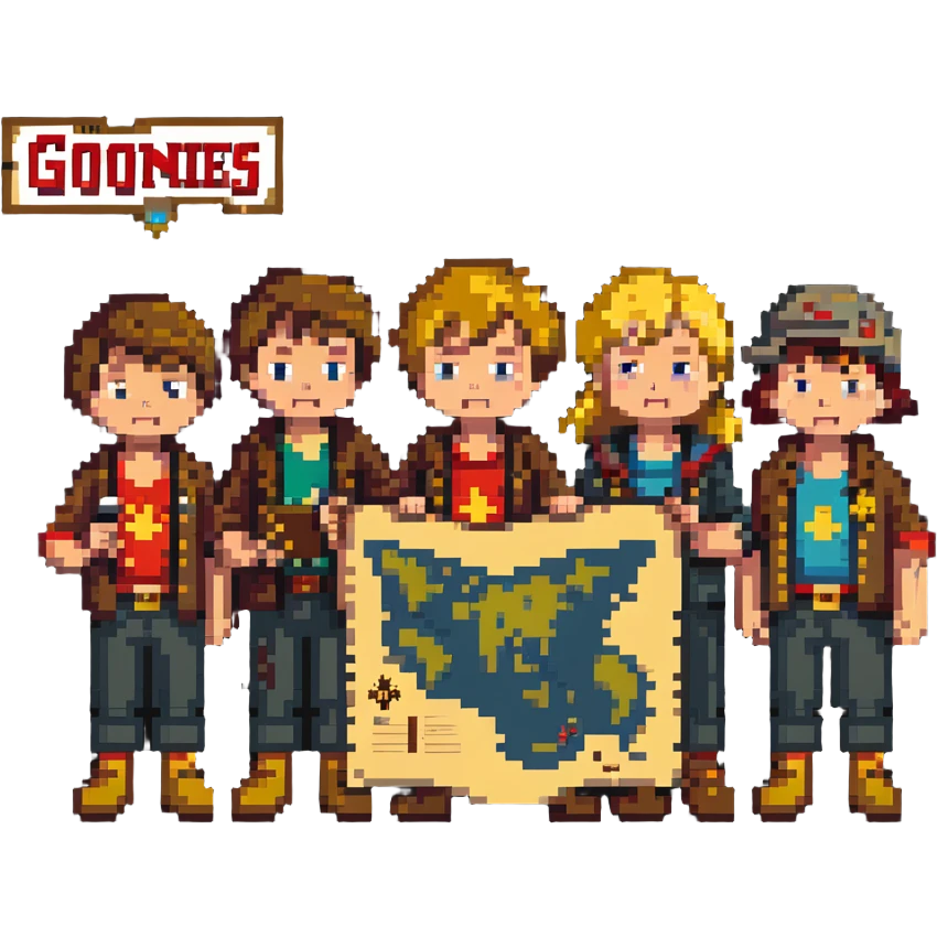 group of kids from the Goonies movie with treasure map emoji