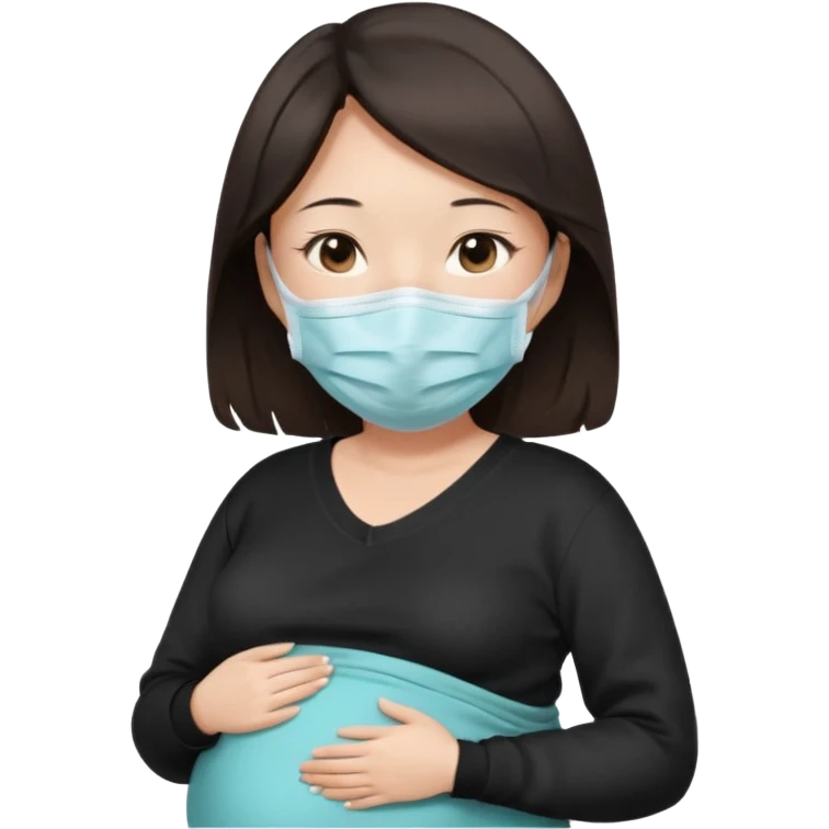 a pregrant chinese lady with dark brown hair? Hair lengt above shoulder, wearing medical face mask, i wanna see the pregnant belly with black sweater emoji