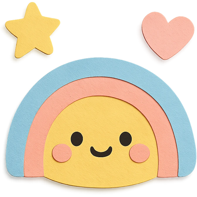 kawaii tiny rainbow, floating star and heart, soft pastel palette, no arms or legs, transparent background, full body, paper craft style emoji