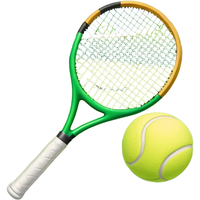 A tennis racket and a ball placed on a grassy court, with the net visible in the background. The scene captures the elegance and energy of the sport, with a vibrant green court and soft sunlight highlighting the equipment. emoji