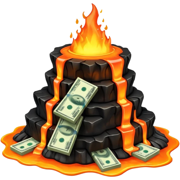 Transform the stack of money into lava money: make the bills appear to be melting and turning into glowing, molten lava with realistic textures and dramatic lighting. Keep the background transparent. The style should reflect a realistic molten lava effect with glowing and melting details. emoji