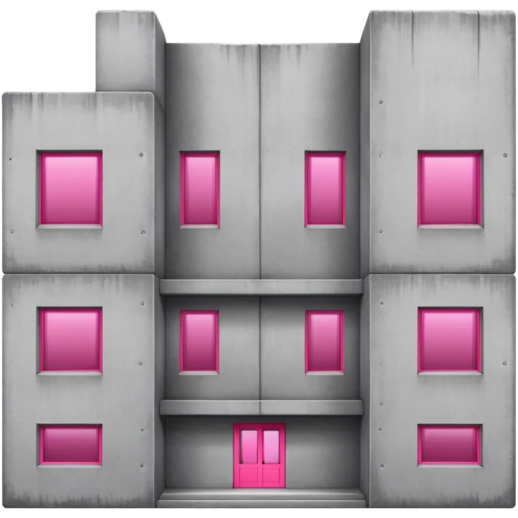 Gray concrete brutalist architecture with a single bright pink window and multiple regular windows emoji