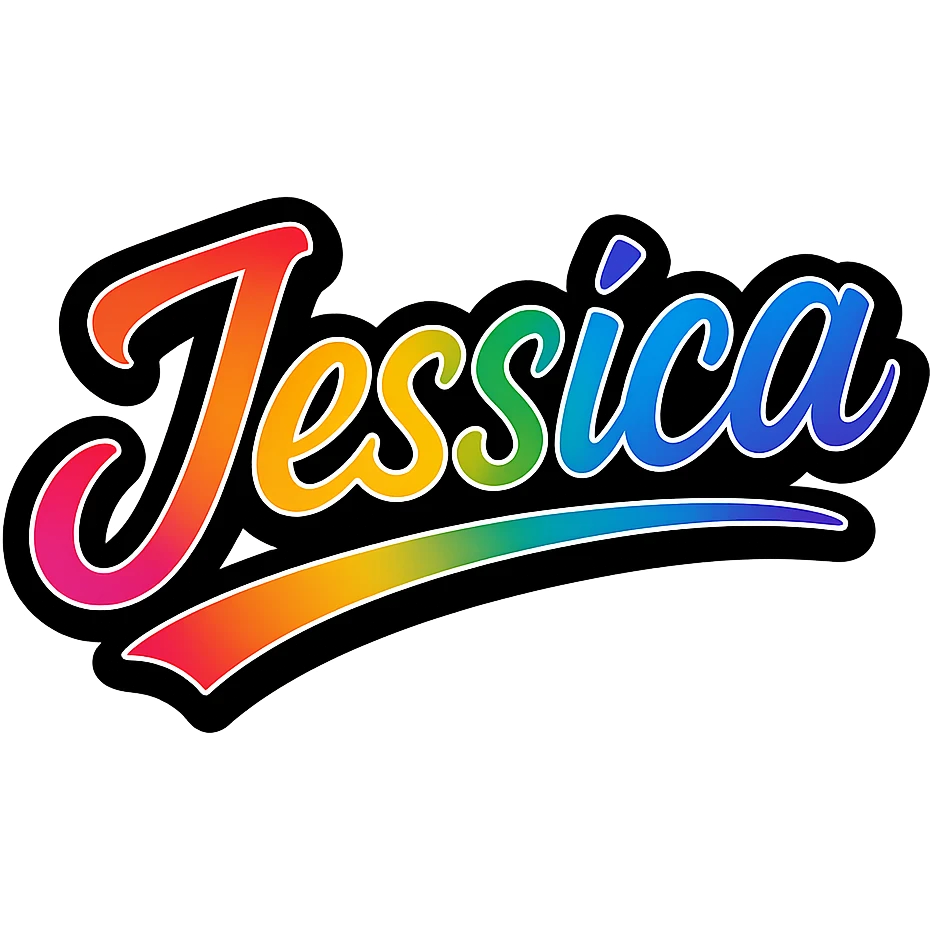 Jessica name in modern gradient font with precise Hungarian characters, dark outline, extra thick, prominent white letter border, dynamic slanted underline, rainbow gradient colors, 1000x1000 px, PNG, transparent background emoji