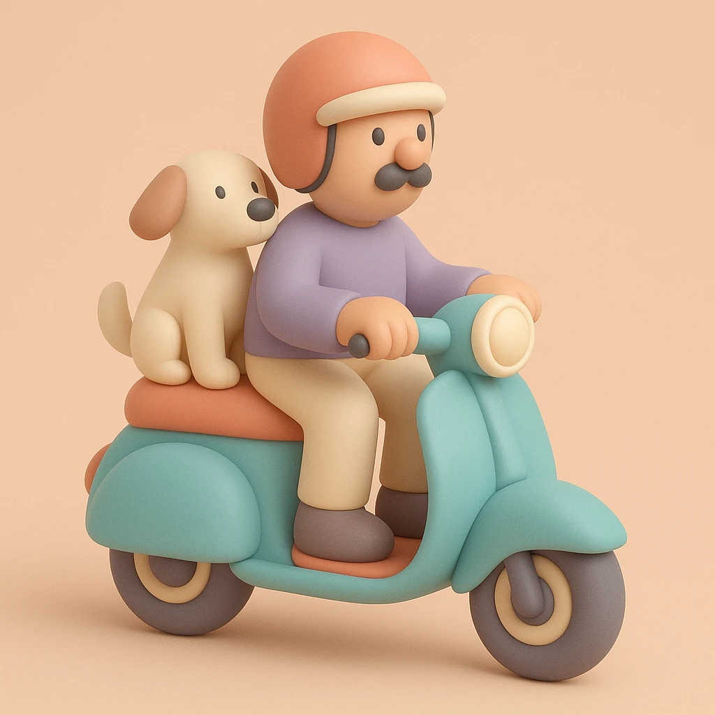 man and his pet dog riding a vespa emoji