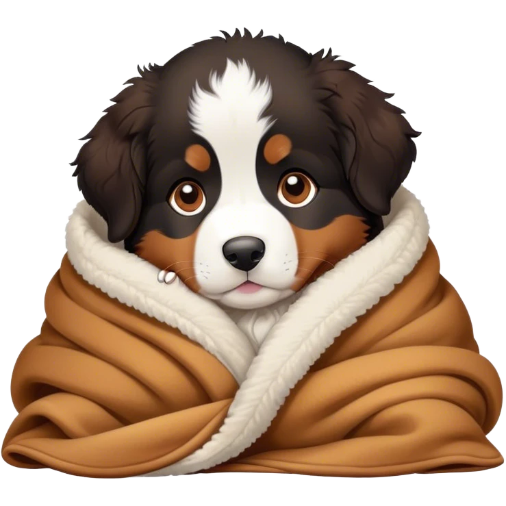 bernese mountain dog puppy cozy in a sherpa blanket, kawaii disney-style cute emoji