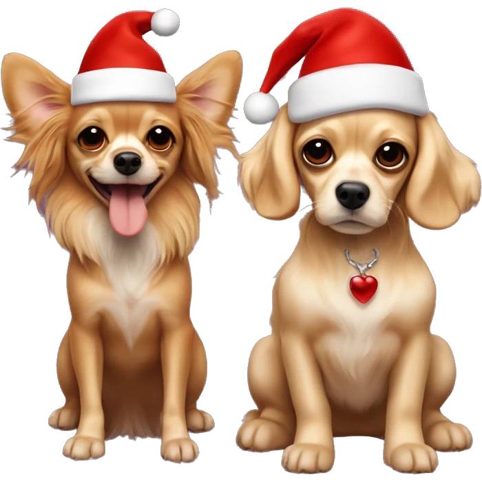 Two dogs hugging each other full-length. One is a long-haired beige Chihuahua with red streaks and small protruding ears. The second is a red cocker spaniel. They are both wearing New Year's hats, the cocker is bigger than the Chihuahua. emoji