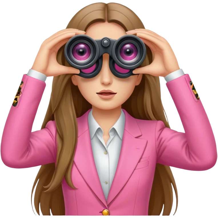 woman with long hair in a pink suit looking through two-eyed binoculars, front view emoji