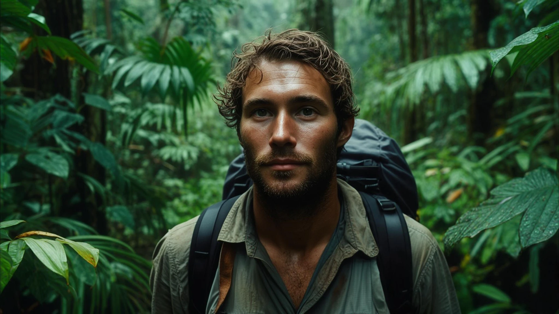 cinematic still, documentary photography, amazon jungle, well lit scene, man is exploring the jungle, close up, front shot, rule of thirds emoji