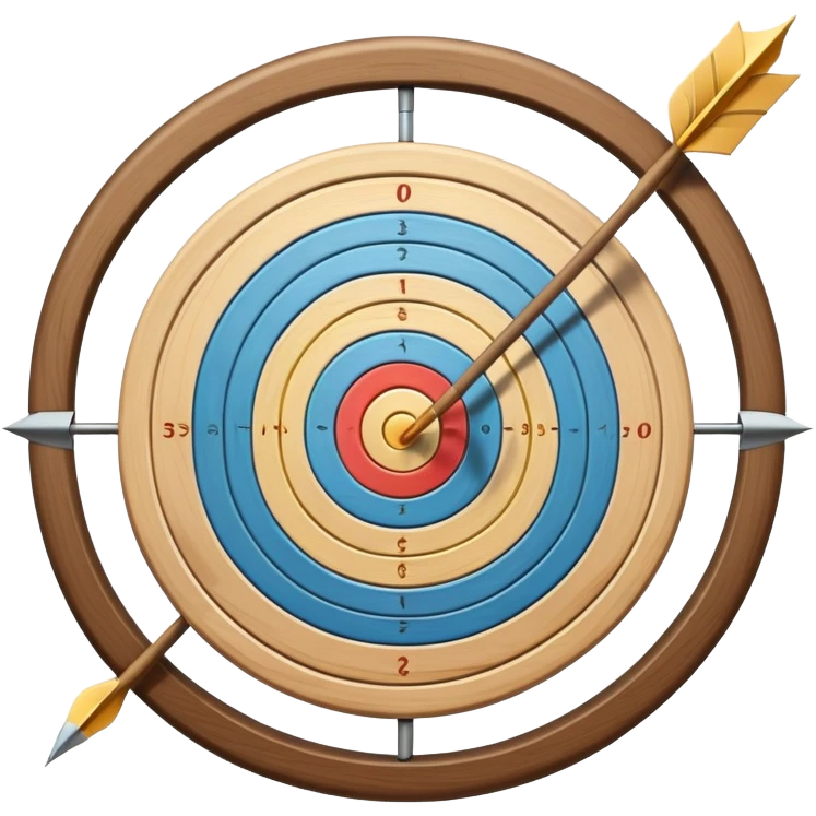A bow with an arrow drawn back, aimed at a target with concentric rings. The background suggests a calm, outdoor archery range, emphasizing the precision, focus, and skill required in archery as a competitive sport. emoji