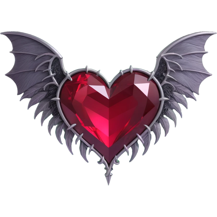 gothic heart, dark crimson crystal, silver bat wings, feather details, lush and gothic emoji