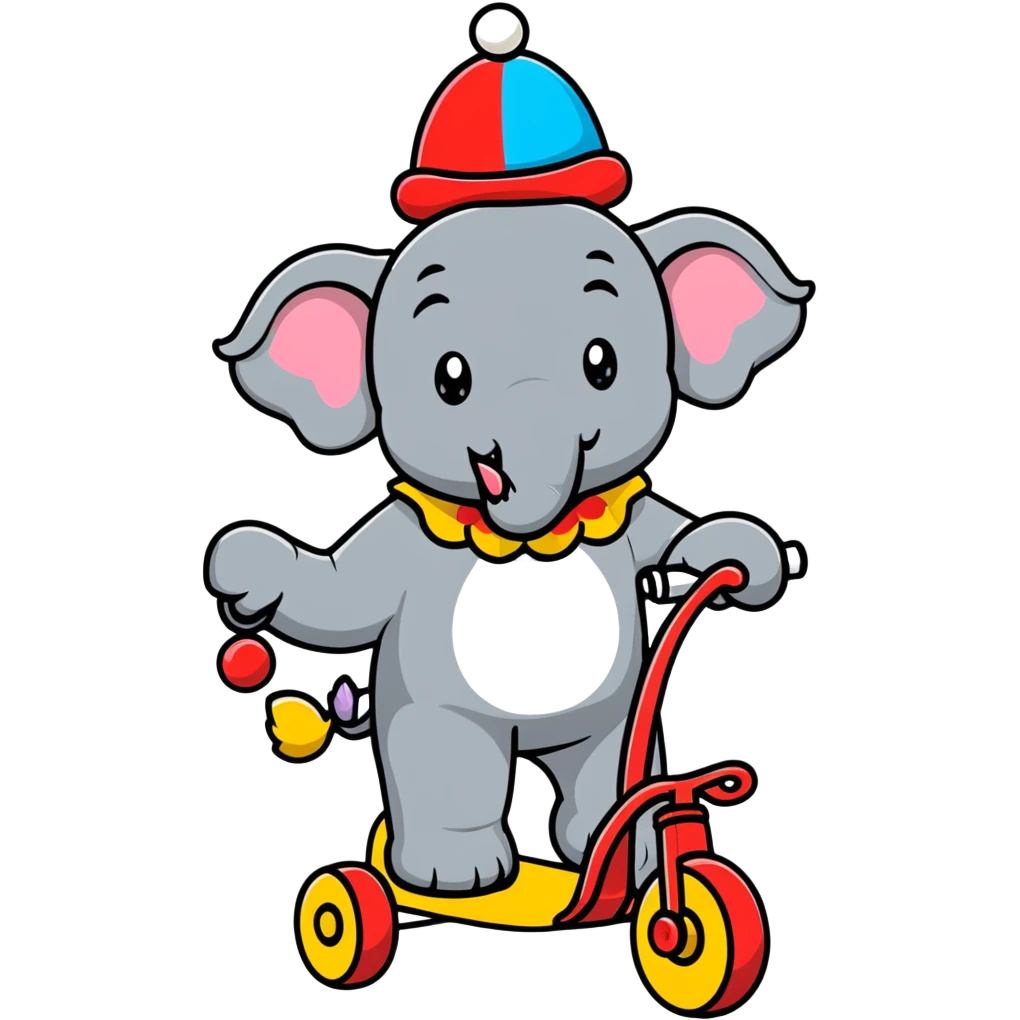 Comical gray elephant wearing a clown hat riding a small colorful tricycle emoji