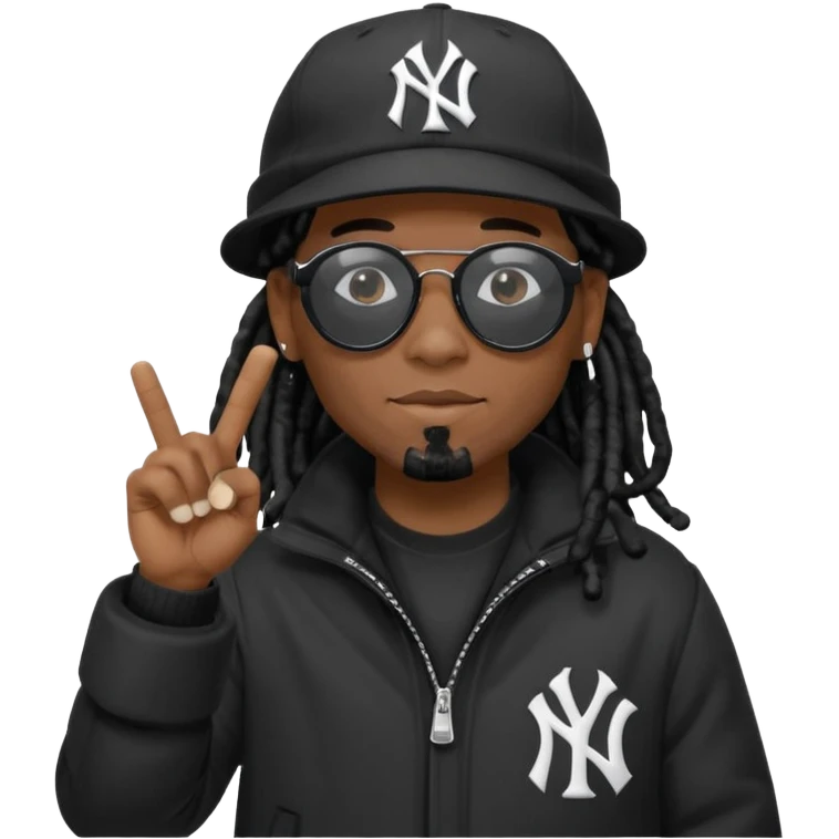 African American man with shoulder length black dreadlocks wearing black sunglasses with black bubble winter coat wearing a New York Yankees baseball hat with finger pointing to his head emoji