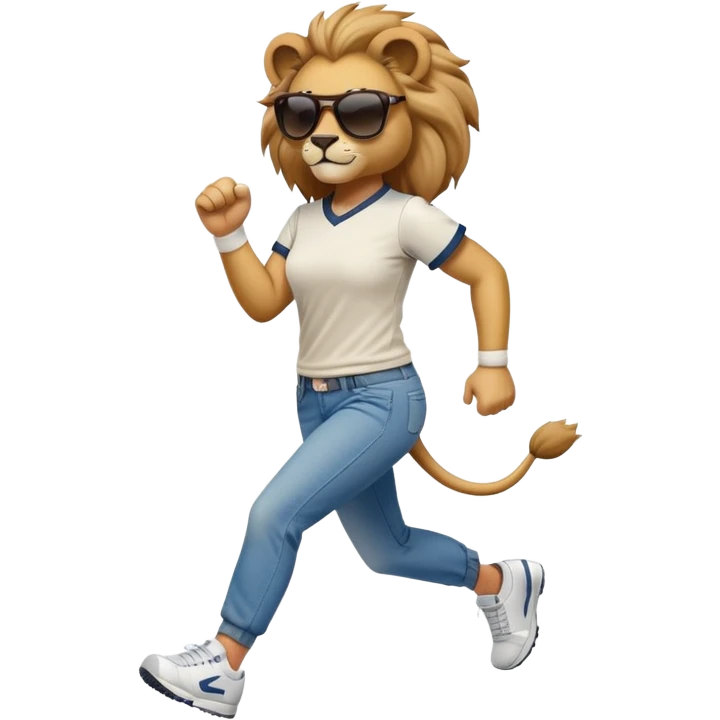 friendly anthropomorphised female lion wearing a baseball shirt, jeans, trainers, dark sunglasses, jogging upright, looking dominant and confident emoji