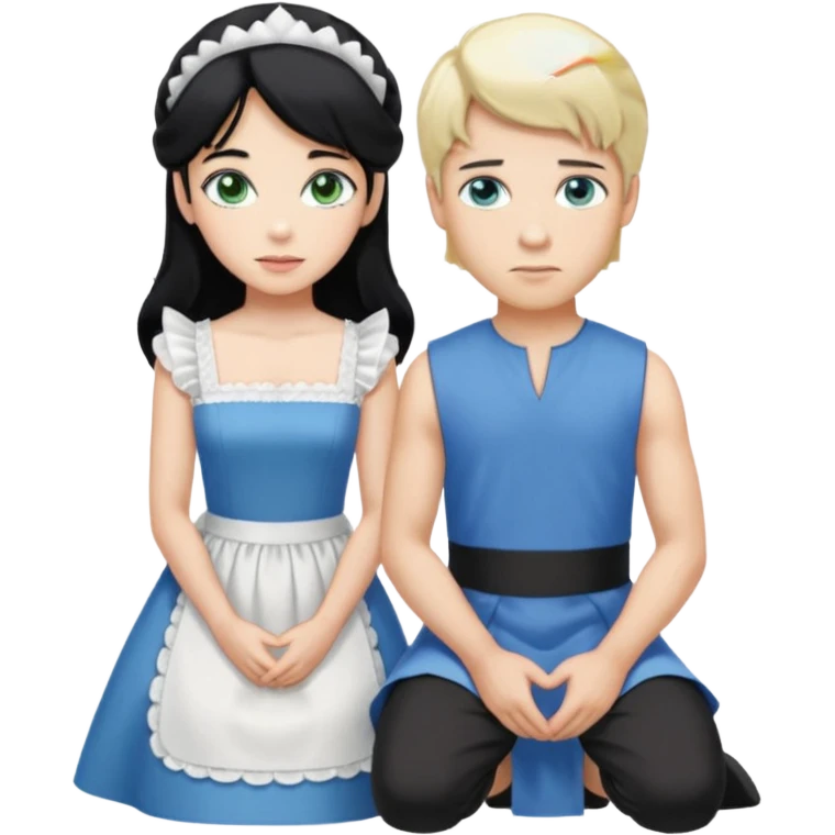 Prince, standing, black hair, blue eyes, garmont, and maid, blonde Hair, green eyes, white short sleveless dress, kneeling  emoji
