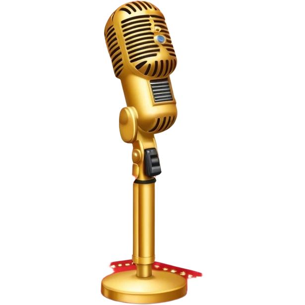 Create a glamorous and vibrant emoji that represents pop or stage vocal performance. The design should feature a vintage stage microphone on a red carpet, with a spotlight shining on it. The stage should be empty but illuminated with concert lights, creating an atmosphere of excitement. Add elements like a festive firework display and a sparkling costume with rhinestones. Surround the scene with a ribbon made of musical notes to symbolize the connection to music. Use bright colors like gold, red, and silver, with a touch of sparkle to convey the glamour and energy of pop vocal performance. The background should be transparent. emoji