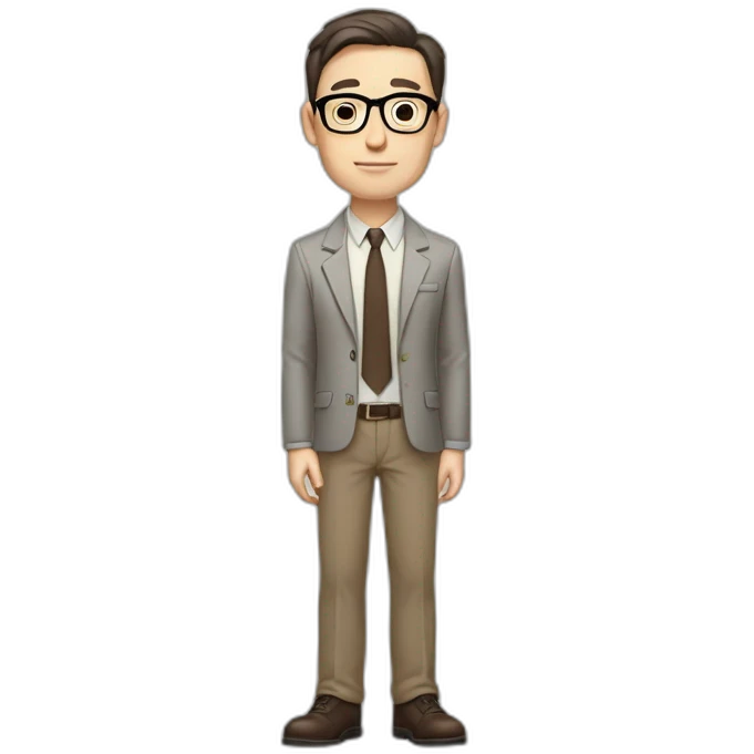 Full height Pale skinned fit man with dark brown hair in gray jacket, beige office shirt, brown tie, brown pants and vintage glasses. His right hand stretched out emoji