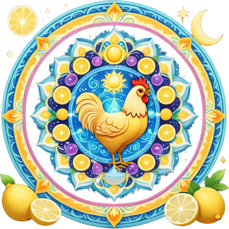 Celestial fitness mandala with magical water and lemon at center, surrounded by orbiting enchanted elements: radiant sun, glowing chicken and rice, sparkling gym weights, ethereal yogurt, twinkling fruits, and mystical sleep moon, all connected by cosmic energy flows and starry aura emoji
