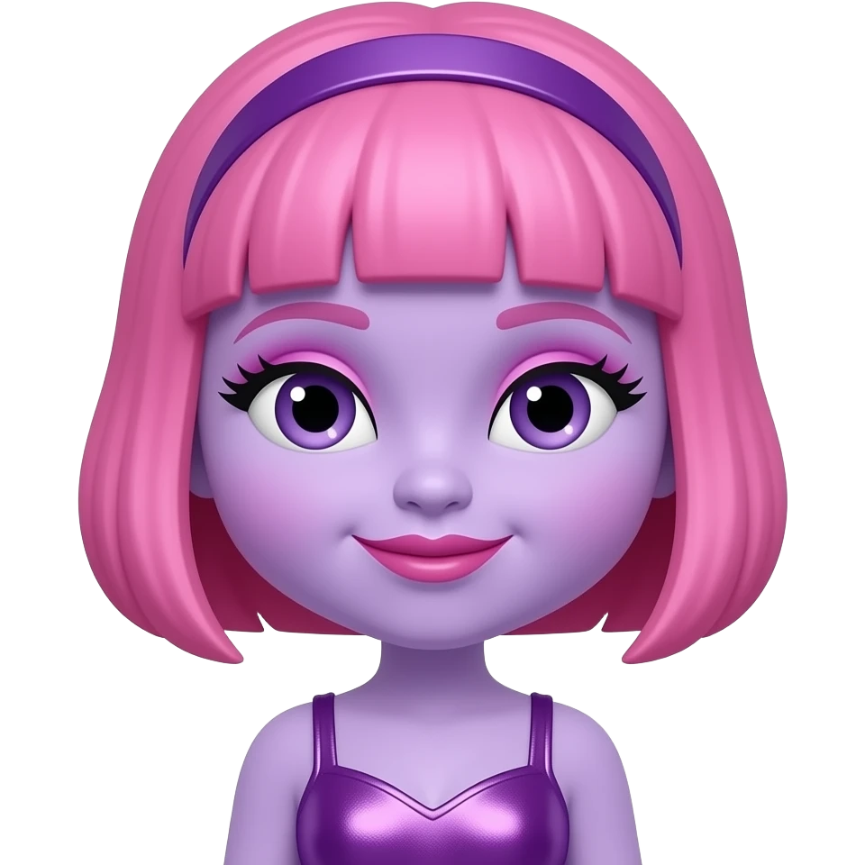 Deedee Doodle from The Doodlebops with lilac skin, purple eyes, pink shoulder-length bob hair, purple headdress, pink eyeshadow and lipstick, pink and purple metallic doo wop outfit emoji