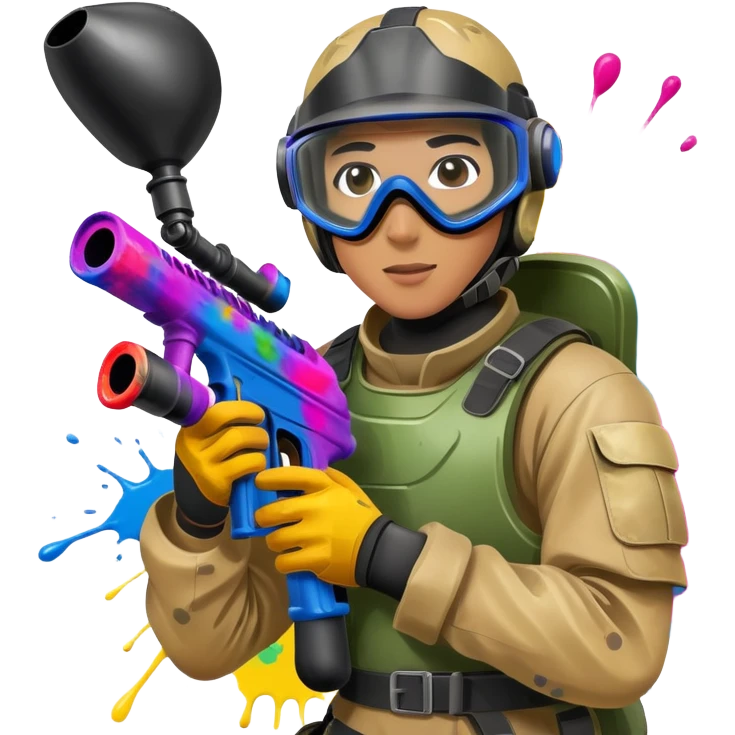 A dynamic scene of a player in action, holding a paintball gun and wearing protective gear. The background shows a vibrant paintball field with obstacles, colorful splatters of paint in the air, and an intense, competitive atmosphere. emoji