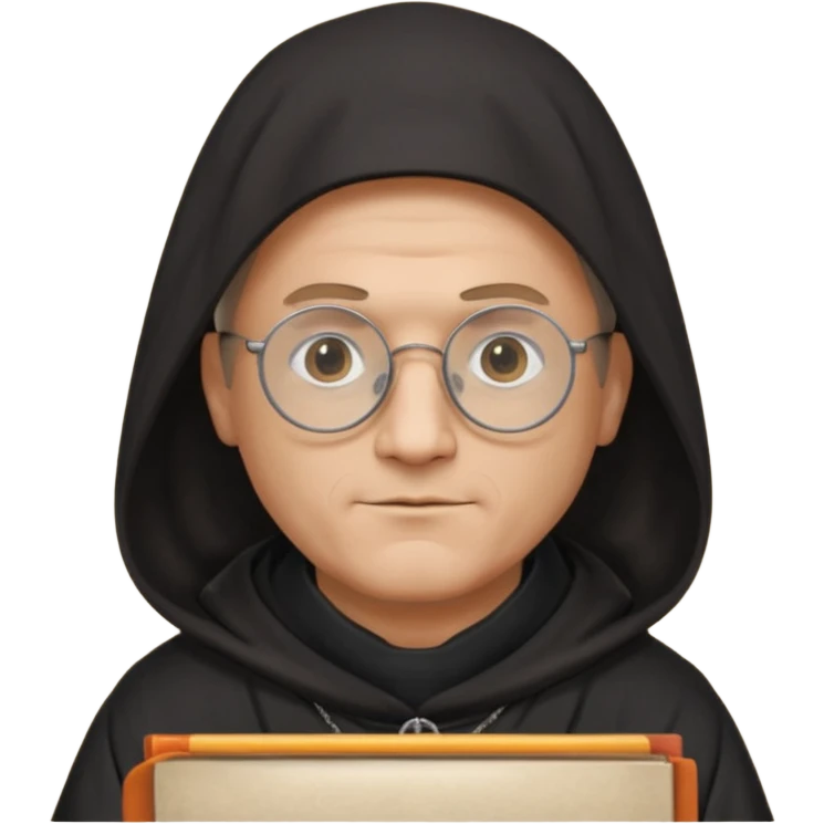 Monk priest prayer black habit with hood round black glasses done light brown wavy hair under hood remove the medallion smaller more round glassed age 46 remove necklace thinner or more oval face  emoji