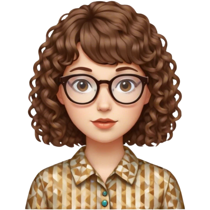 white girl with curly brown hair with bangs, glasses, and a geometric patterned shirt emoji