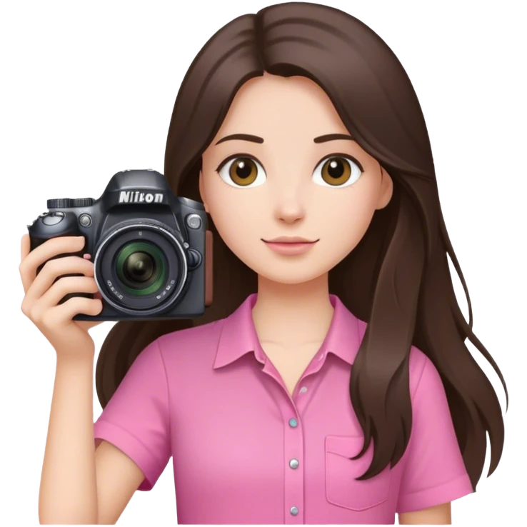 brunette girl long hair holding nikin camera pink shirt emoji