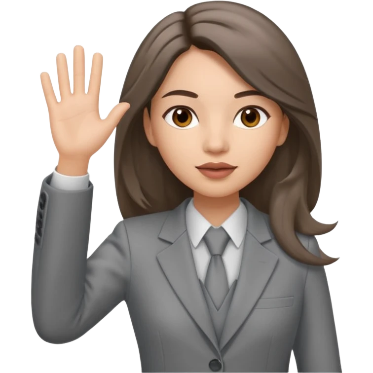 a young woman in a grey pantsuit.   She has brown eyes and very long brown hair. The hair parting is straight in the middle and the skin color is light. Lips are inflated. And she's waving her hand emoji