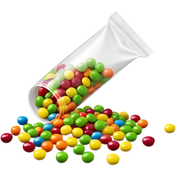 Minimalist top-down view of an open Skittles package with green candies spilling out. Simple rainbow colors on package, clean design. emoji